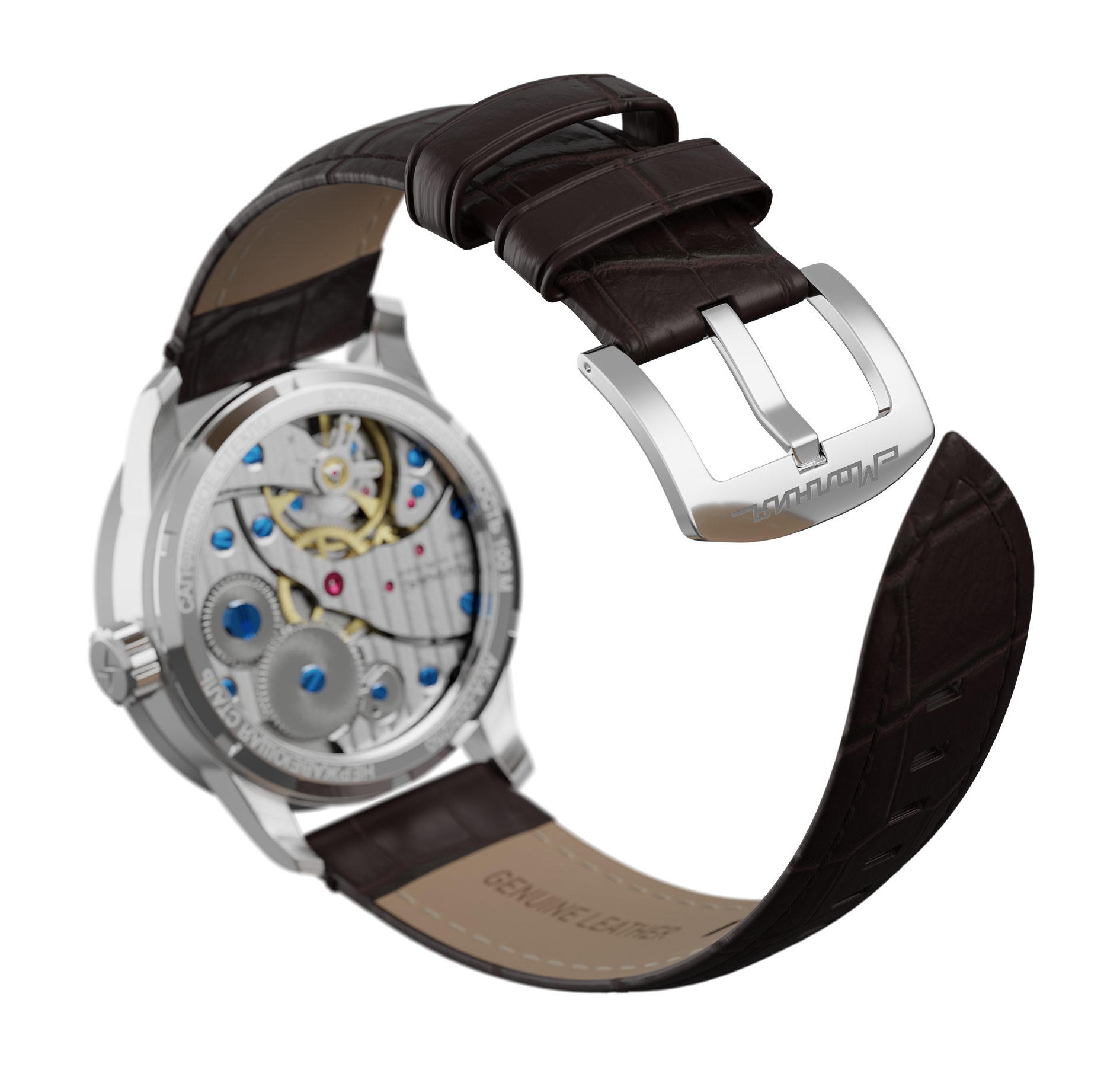 Embossed genuine leather, brown, buckle clasp