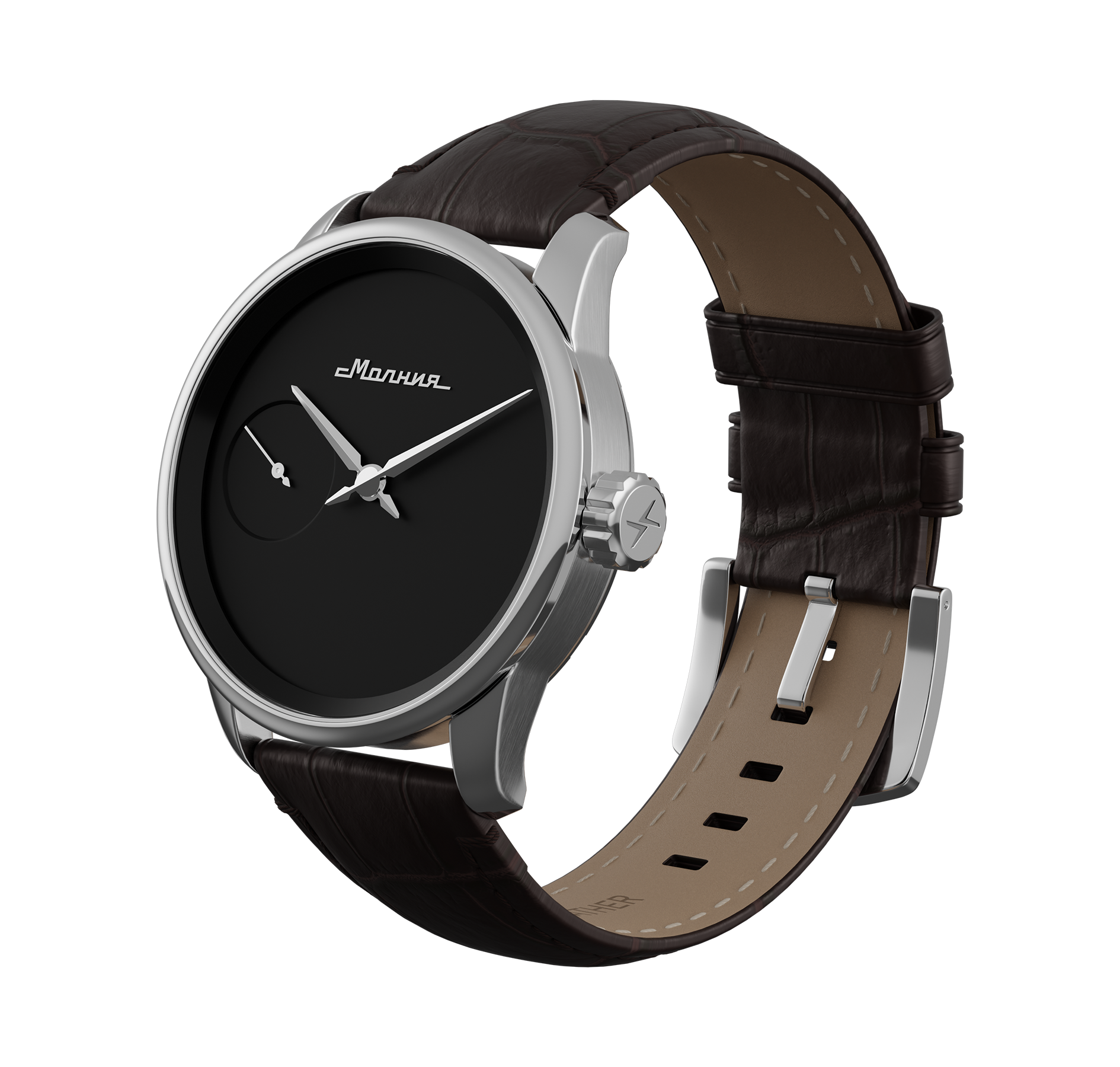 Embossed genuine leather, brown, buckle clasp