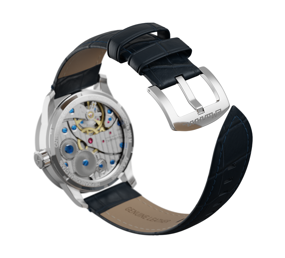 Embossed genuine leather, blue, buckle clasp