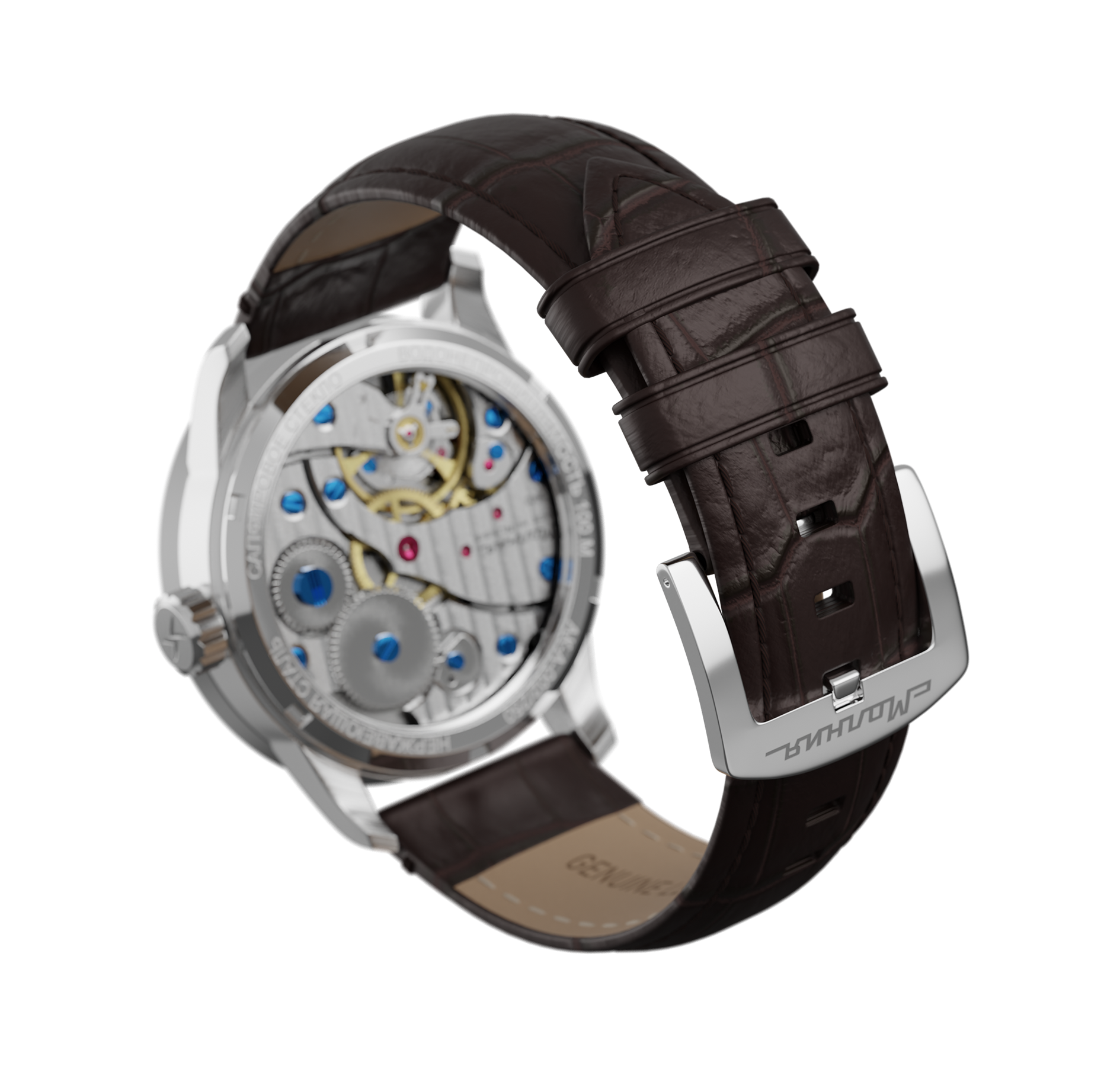 Embossed genuine leather, brown, buckle clasp