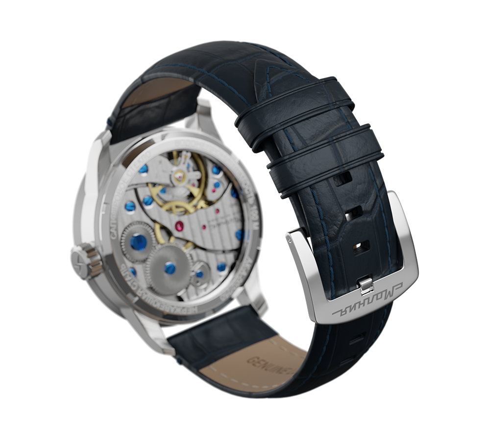 Embossed genuine leather, blue, buckle clasp