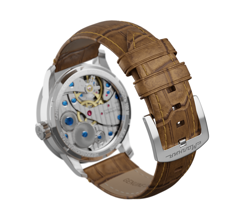 Embossed genuine leather, beige, buckle clasp